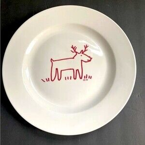 Crate & Barrel Trish Richman At Home Red Reindeer Christmas Platter 12" 1999
